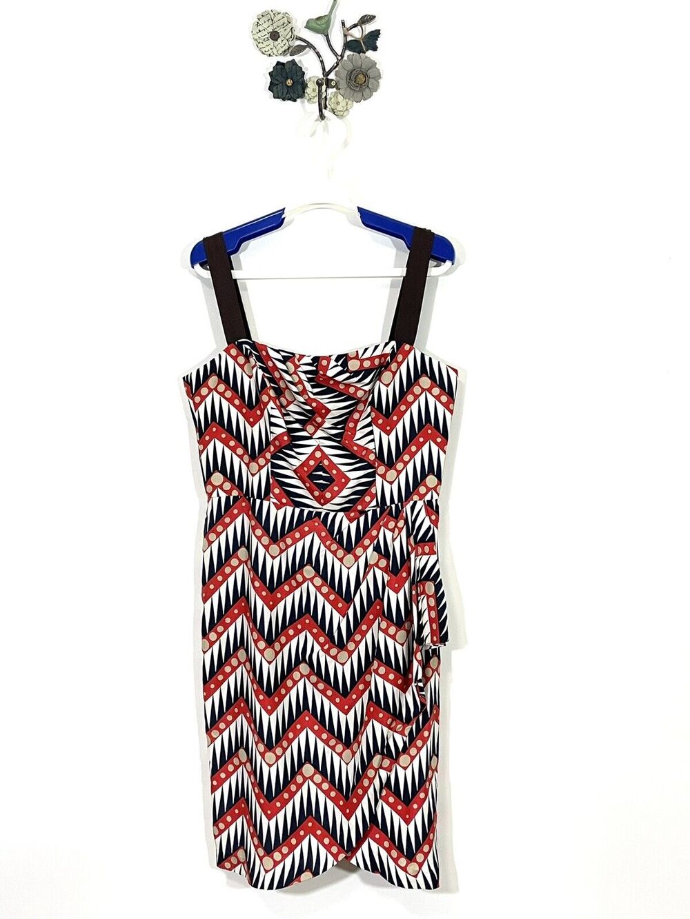 Milly of New York V-Neck Chevron Geo Silk Sheath Midi Dress Size 8 Faux Wrap